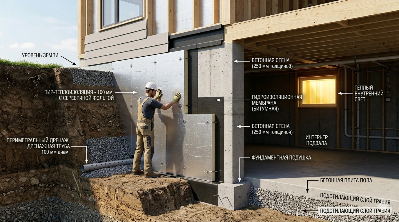 Утепление цоколя и подвала PIR-плитами